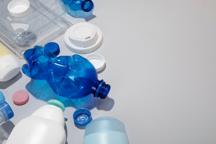 Photo gratuit arrangement de bouteilles en plastique à angle élevé