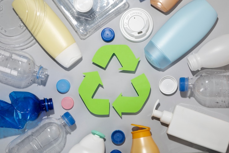 Photo gratuit arrangement de bouteilles en plastique à plat