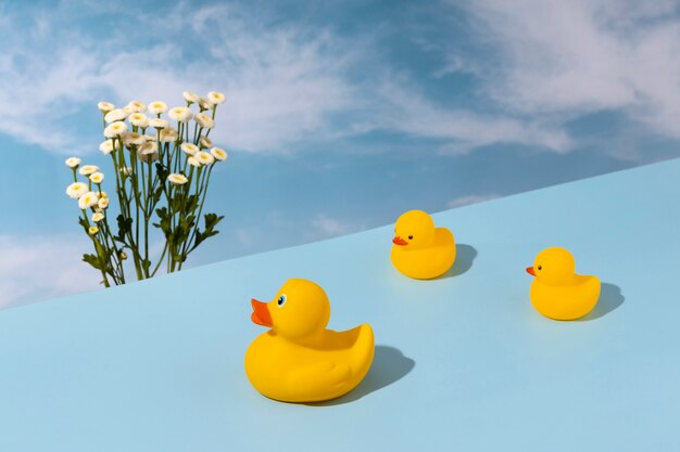 Arrangement de canards en caoutchouc nature morte