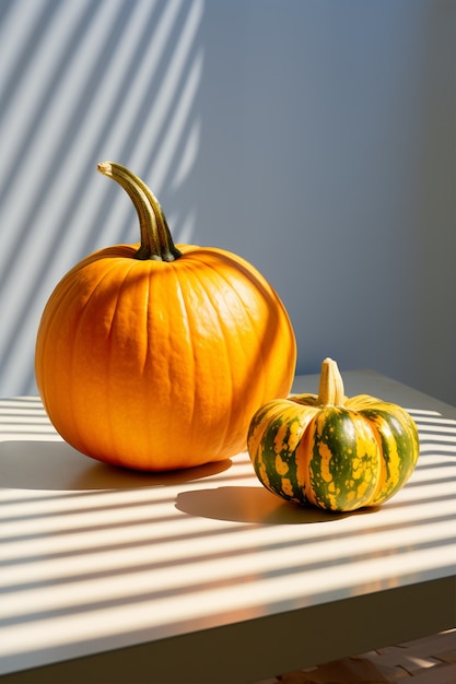 Photo gratuite arrangement de citrouilles crues à l'intérieur