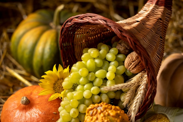 Arrangement de corne d'abondance festive avec des aliments délicieux