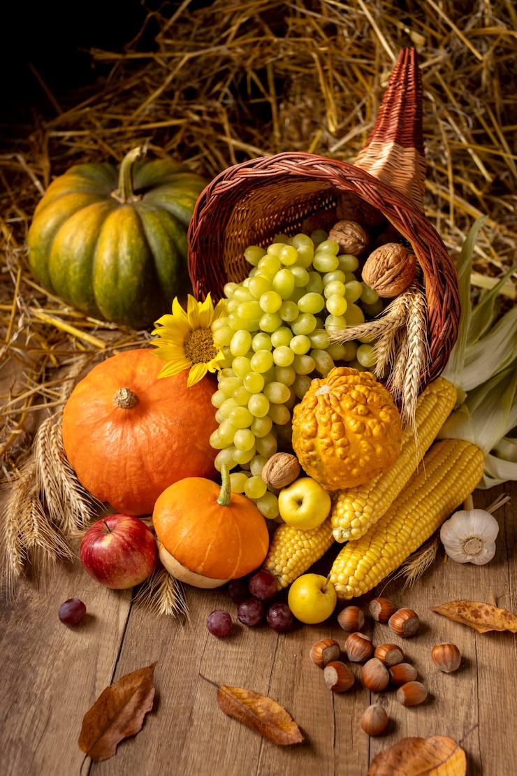 Photo gratuit arrangement de cornucopie festive avec des aliments délicieux