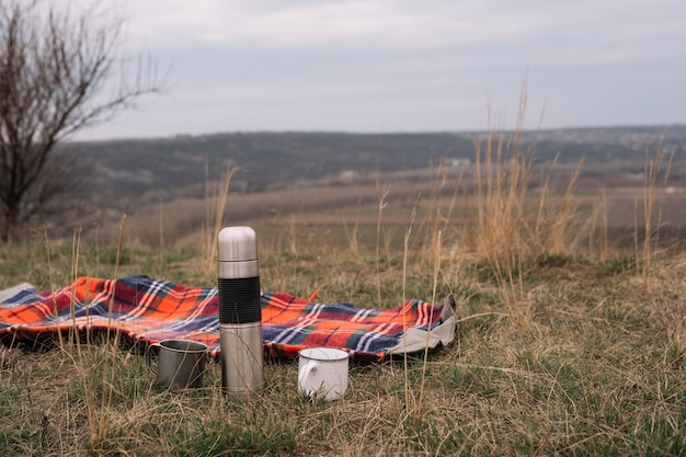 Photo gratuite arrangement avec couverture sur l'herbe