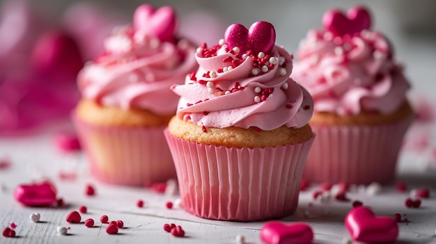 Photo gratuite arrangement de cupcakes pour la saint-valentin avec glaçage rose et pépites en forme de cœur sur un isolat blanc