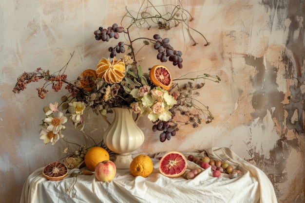 Arrangement décoratif avec des fruits secs et des fleurs