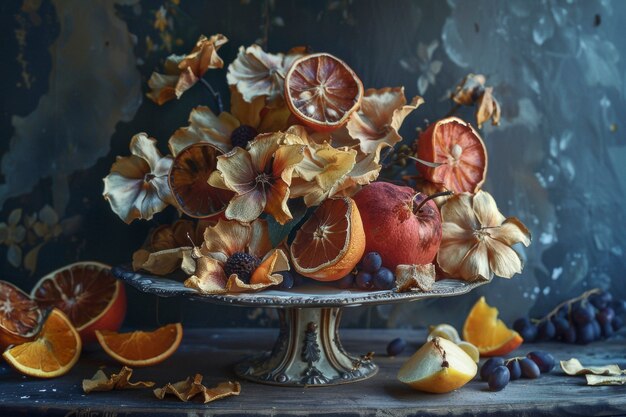 Arrangement décoratif avec des fruits secs et des fleurs