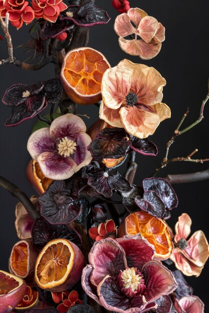 Arrangement décoratif avec des fruits secs et des fleurs