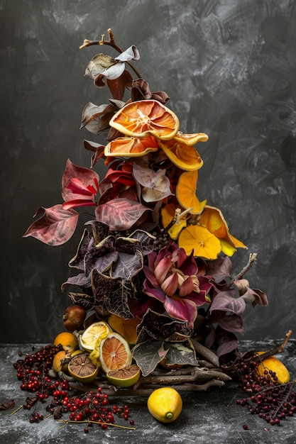 Arrangement décoratif avec des fruits secs et des fleurs