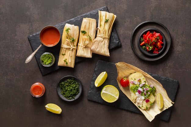 Arrangement de délicieux tamales sur assiette