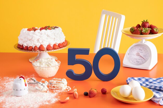 Arrangement du 50e anniversaire avec des ingrédients pour la cuisson des gâteaux