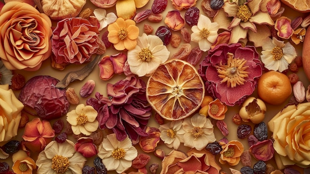 Arrangement avec des fruits et légumes secs décoratifs