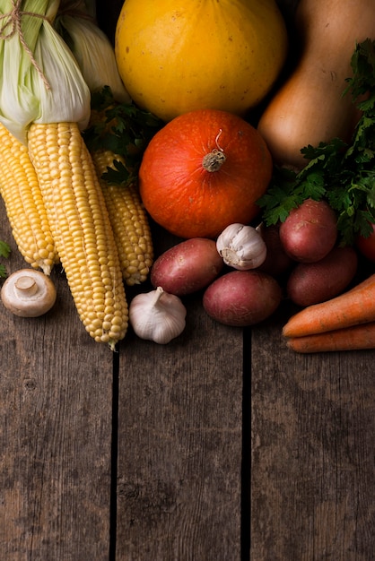 Photo gratuite arrangement de légumes d'automne à angle élevé avec espace de copie