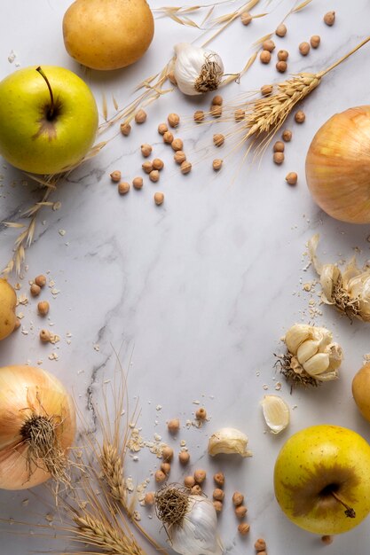 Arrangement d'oignons et de pommes vue de dessus