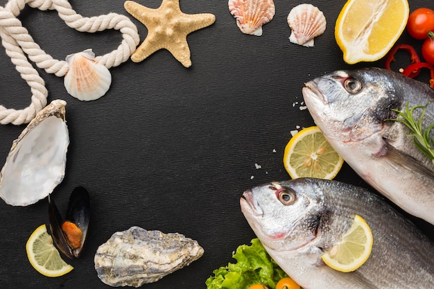 Arrangement de poisson avec vue de dessus de coquillages