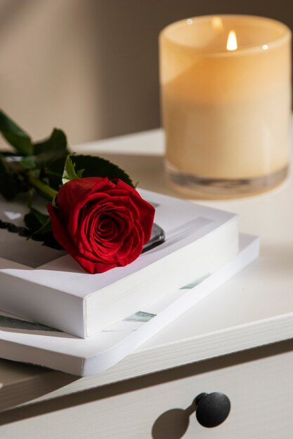 Arrangement de roses rouges et de livres à angle élevé