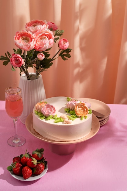 Photo gratuite arrangement de table pour un anniversaire avec gâteau et fraises