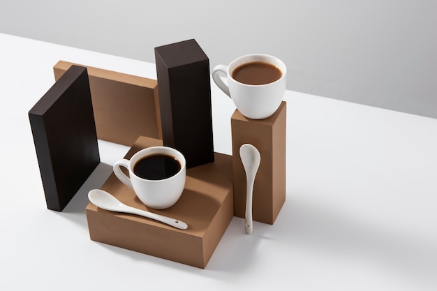 Photo gratuite arrangement de tasses à café et de planches de bois à angle élevé