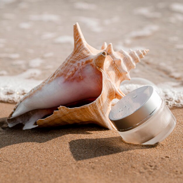 Arrangement transparent de récipient d'hydratation de soins de la peau à côté du coquillage