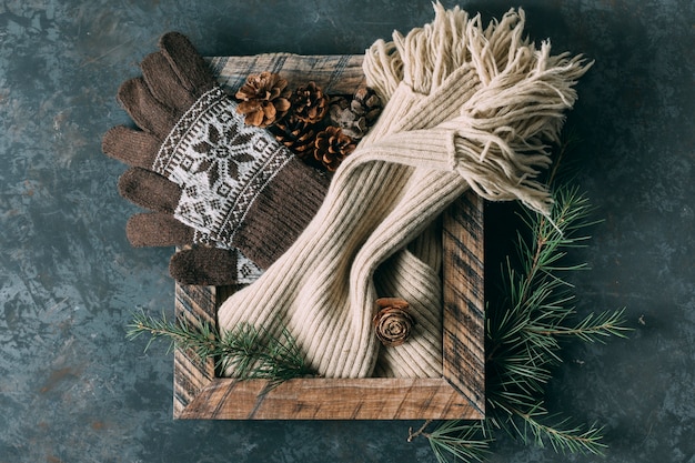 Arrangement de vue de dessus avec cadre et gants d'hiver