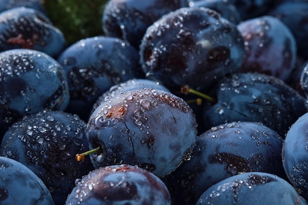 Arrière-plan de prunes biologiques fraîches dans des gouttes d'eau en gros plan Mise au point sélective faible profondeur de champ Beaux fruits mûrs pruneaux récolte de fruits en automne écoproduits de la ferme