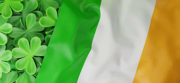 Arrière-plan de trèfle à feuilles avec illustration 3D du drapeau irlandais