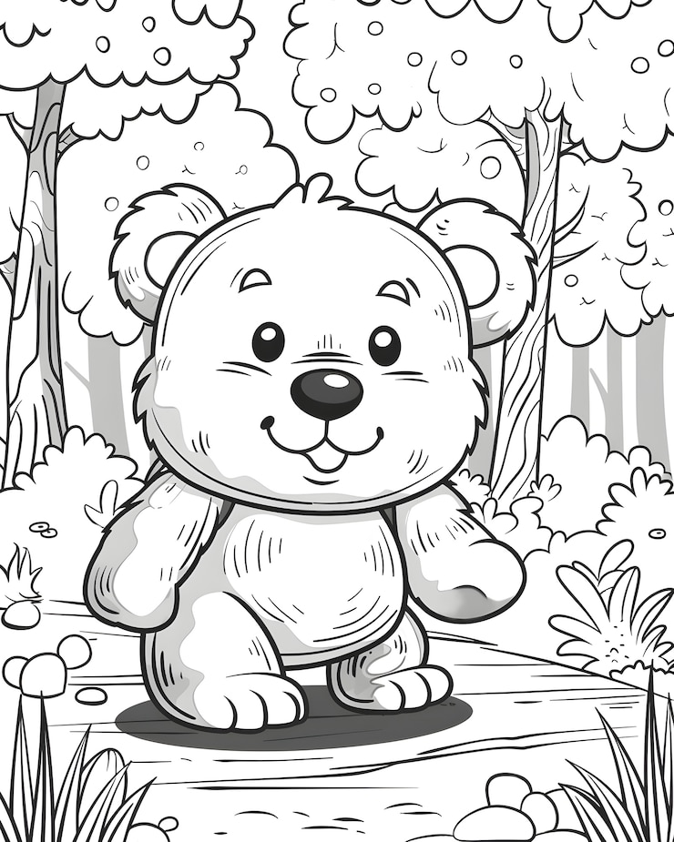 Photo gratuit l'art en ligne monochrome de l'ours illustration de la page de coloration