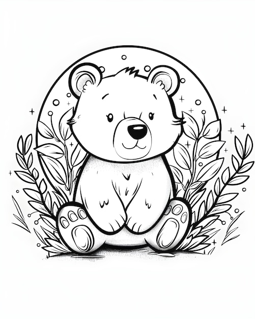 Photo gratuite l'art en ligne monochrome de l'ours illustration de la page de coloration