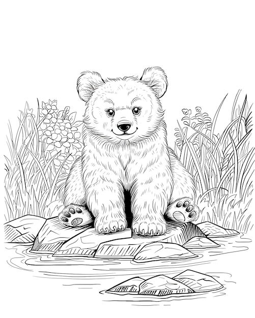 Photo gratuite l'art en ligne monochrome de l'ours illustration de la page de coloration