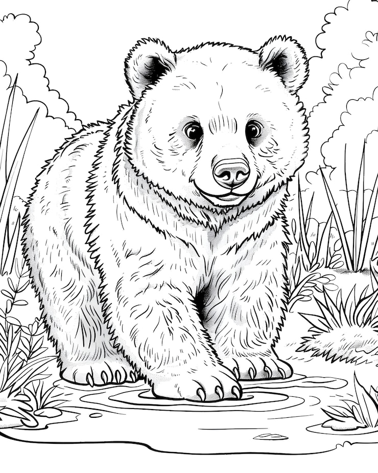 Photo gratuit l'art en ligne monochrome de l'ours illustration de la page de coloration