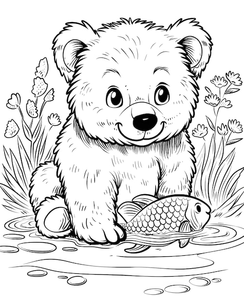 Photo gratuite l'art en ligne monochrome de l'ours illustration de la page de coloration