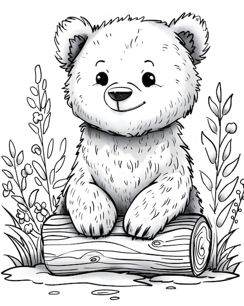 Photo gratuite l'art en ligne monochrome de l'ours illustration de la page de coloration