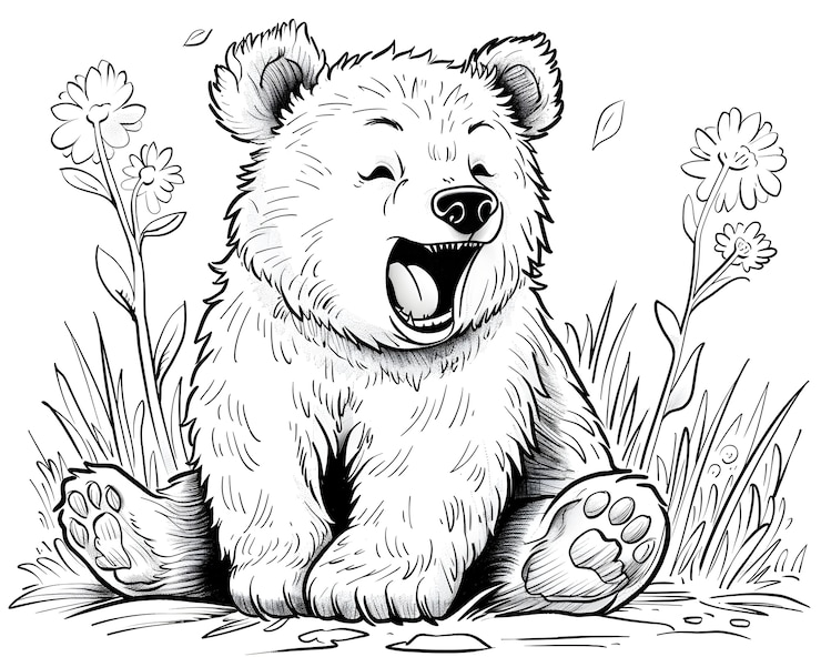 Photo gratuit l'art en ligne monochrome de l'ours illustration de la page de coloration