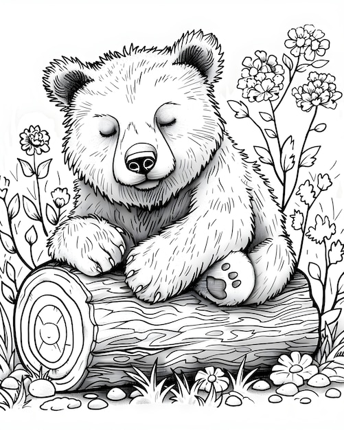 Photo gratuite l'art en ligne monochrome de l'ours illustration de la page de coloration