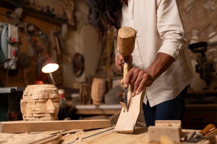 Photo gratuit artisan qui fait de la coupe du bois