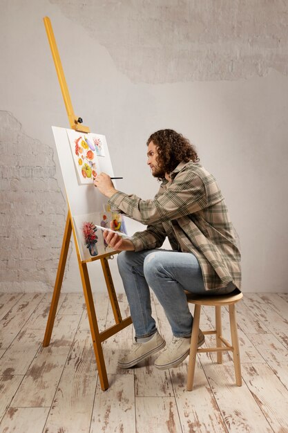 Artiste masculin peignant au studio avec des aquarelles