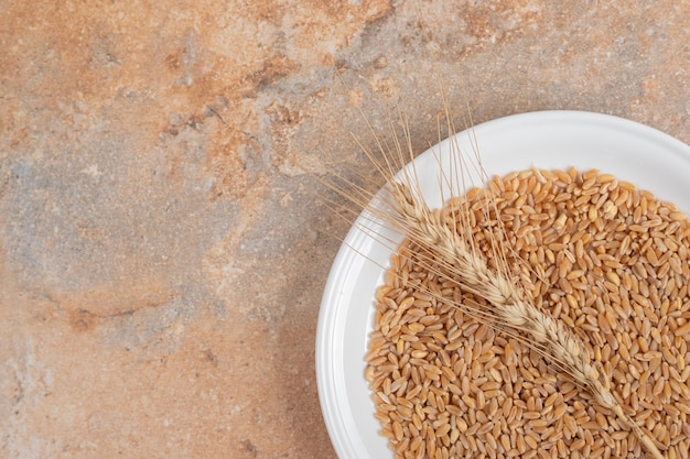 Une assiette blanche de grains et de blé sur fond de marbre. Photo de haute qualité