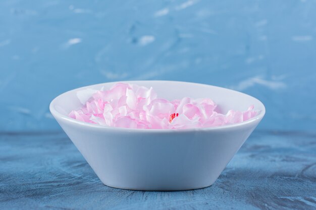 Une assiette blanche avec des pétales de fleurs roses sur fond bleu.