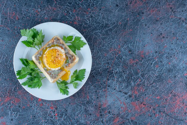 Une assiette bleue de délicieux toasts avec de la viande et des légumes.