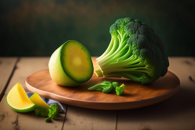 Une assiette en bois avec un morceau de brocoli et un morceau de kiwi.