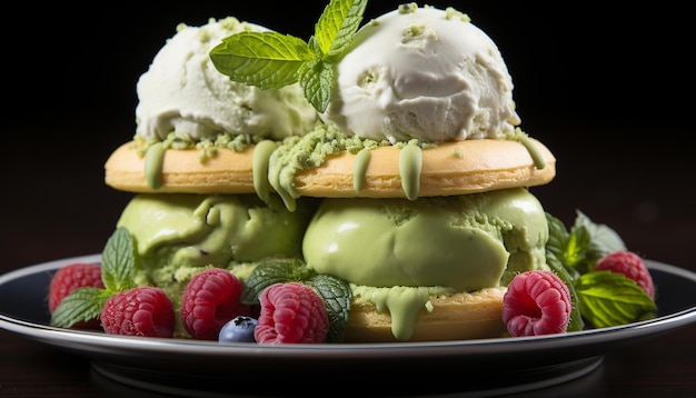 Photo gratuite une assiette de dessert gourmande avec des fruits frais, du chocolat et de la chantilly générée par l'intelligence artificielle