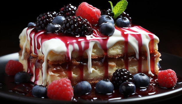 Photo gratuite une assiette de desserts gourmands framboise myrtille et fraise générés par l'intelligence artificielle