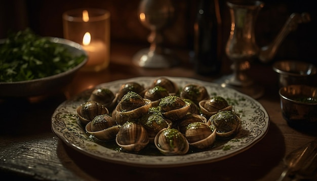 Photo gratuite une assiette d'escargots avec de la poudre verte dessus