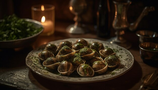 Une assiette d'escargots avec de la poudre verte dessus