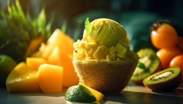 Assiette de fruits juteux sur une table en bois à l'intérieur générée par l'IA