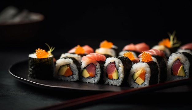 Assiette de fruits de mer frais Maki sushi nigiri sashimi généré par AI