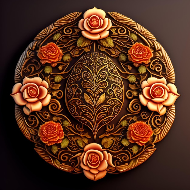 Une assiette ronde avec des roses dessus et un bord doré.