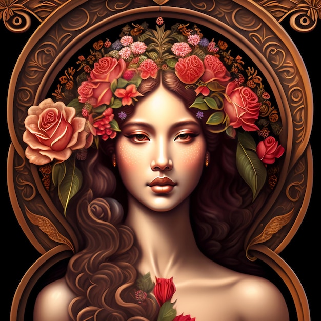 Une assiette ronde avec un visage de femme et des roses dessus