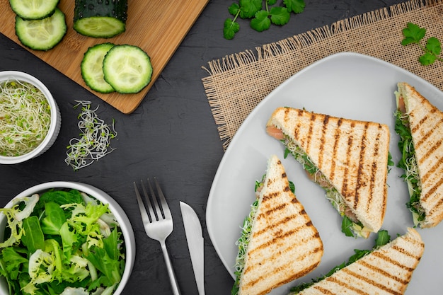 Assiette de sandwichs avec salade et concombre