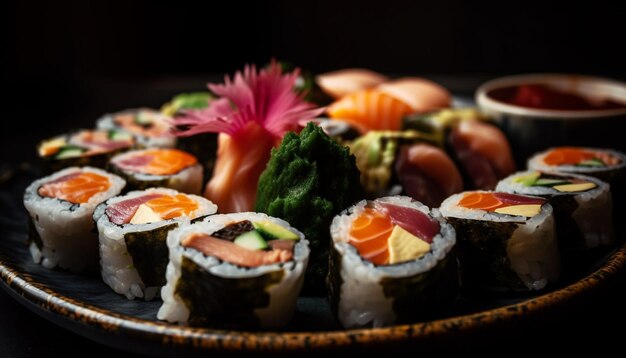 Assiette de sushis frais avec crevette de thon à l'anguille générée par l'IA