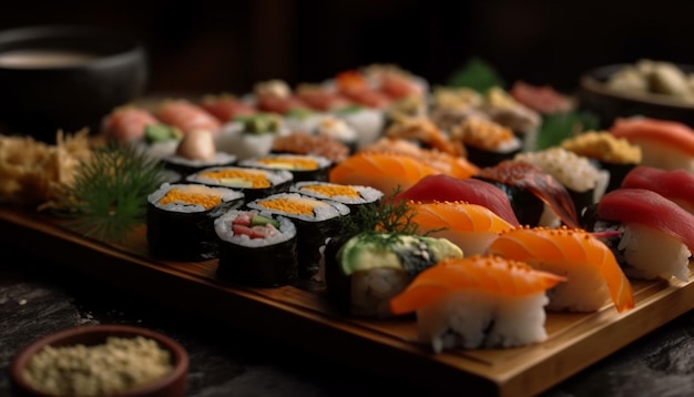 Photo gratuite assiette de sushis frais nigiri sashimi et maki générés par l'ia